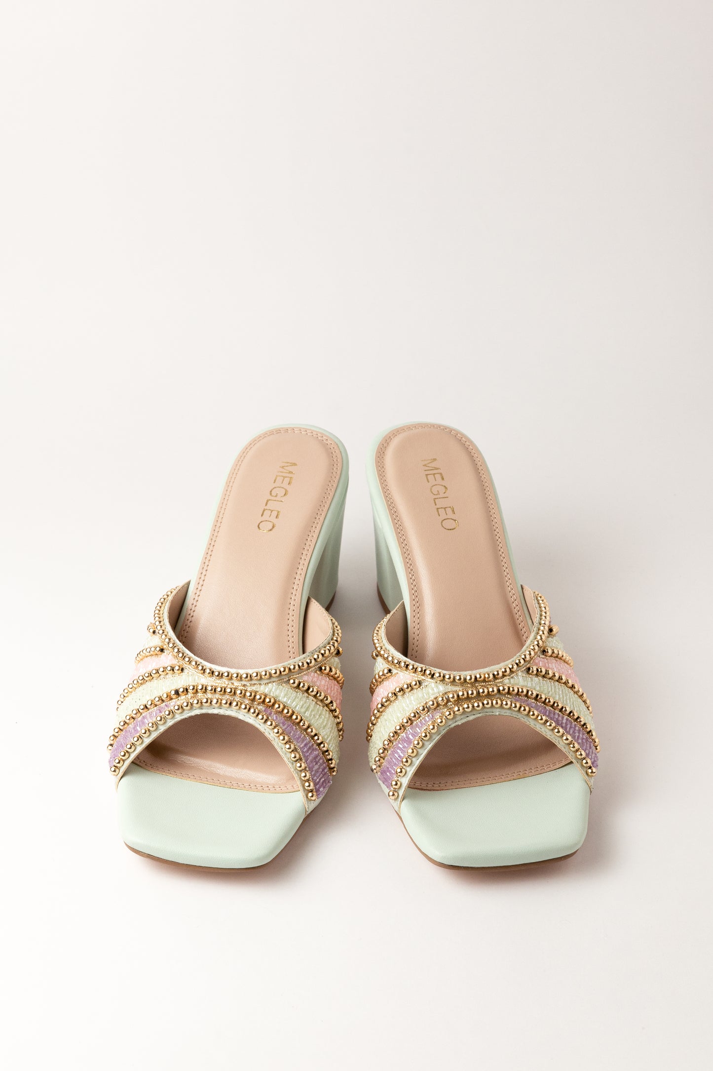 Mint Handmade Embroidered Strap Heels