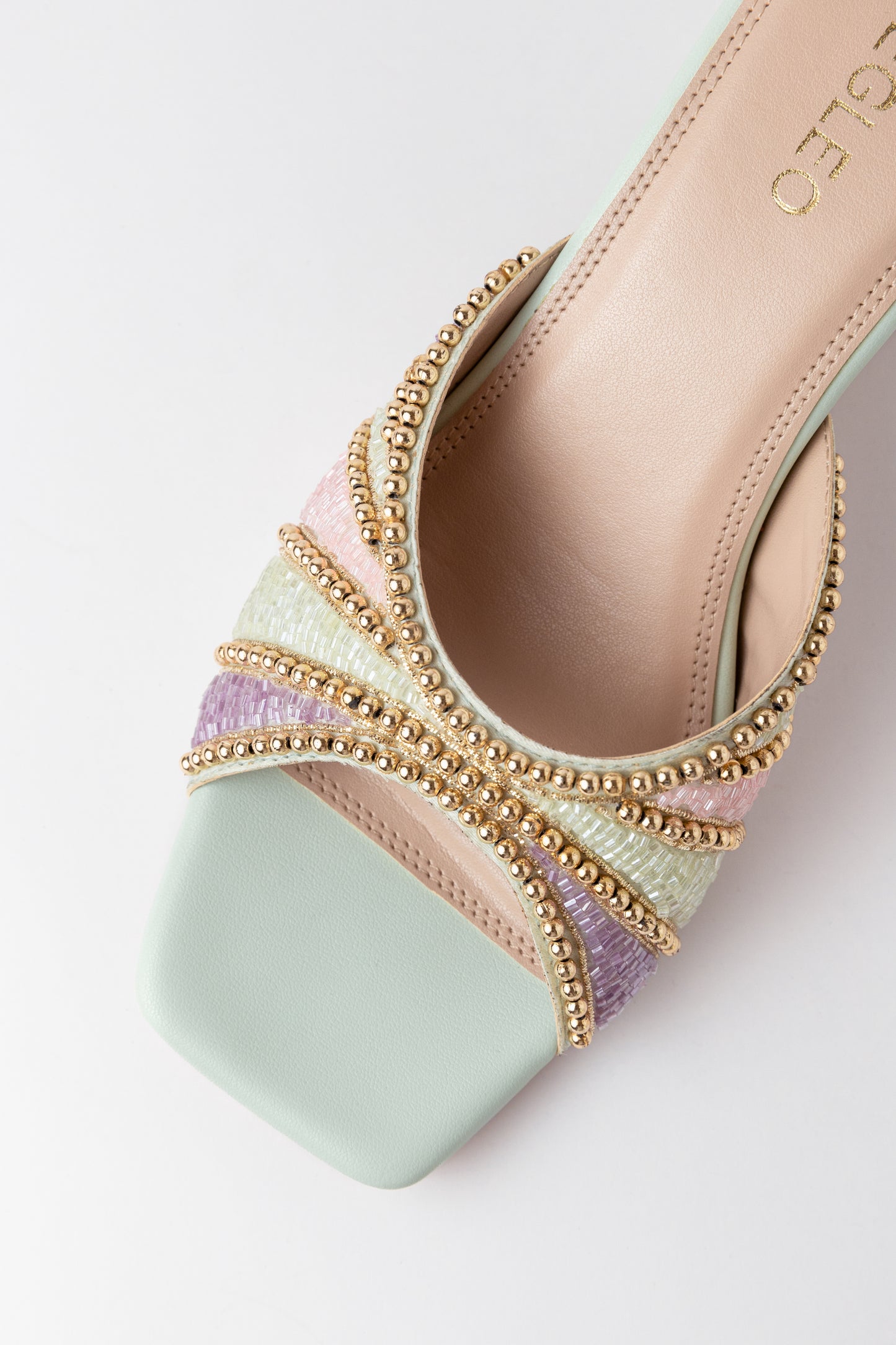 Mint Handmade Embroidered Strap Heels