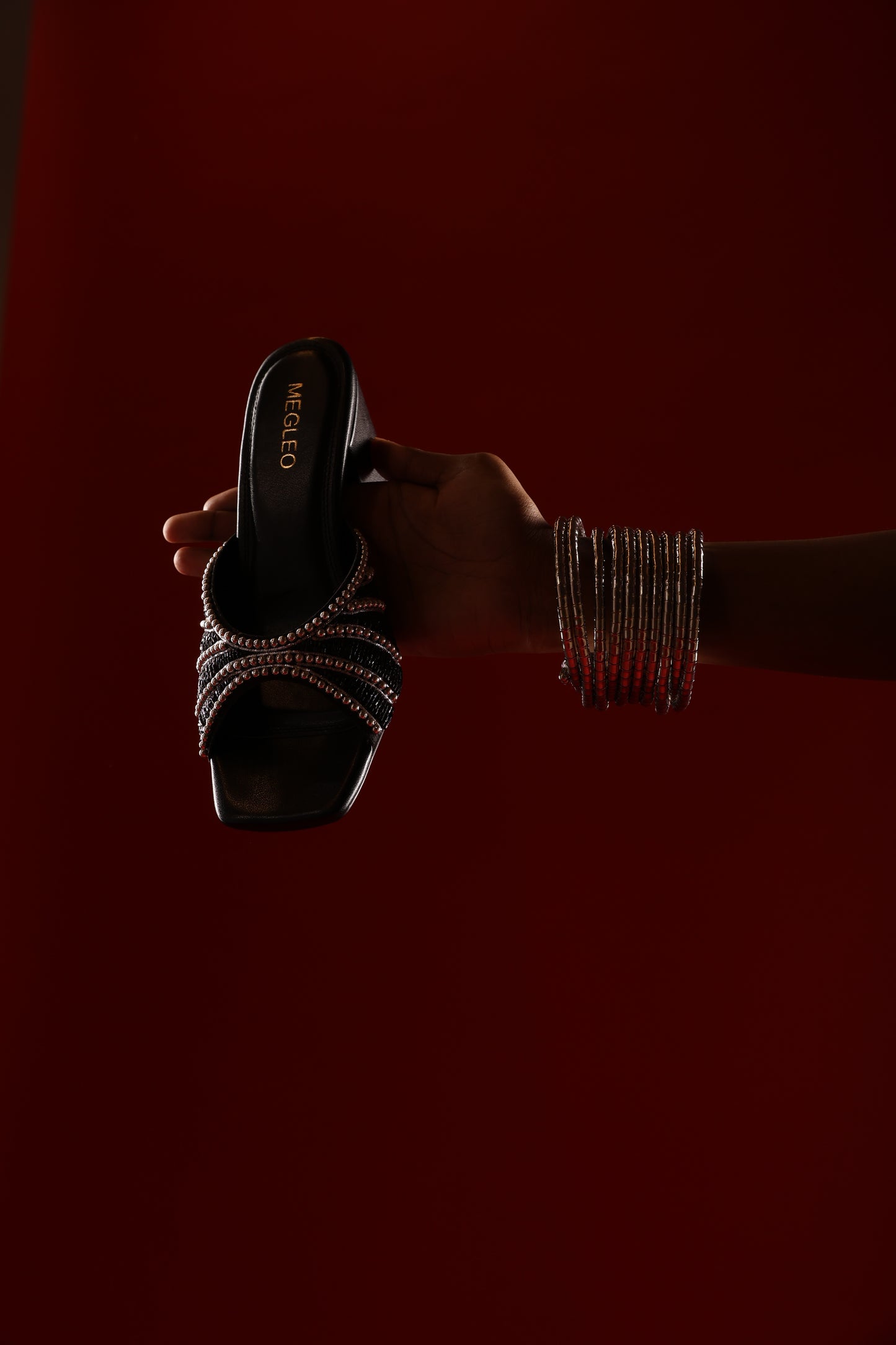 Black Handmade Embroidered Strap Heels