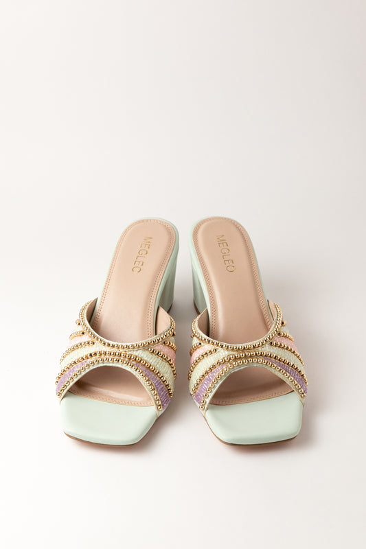 Mint Handmade Embroidered Strap Heels