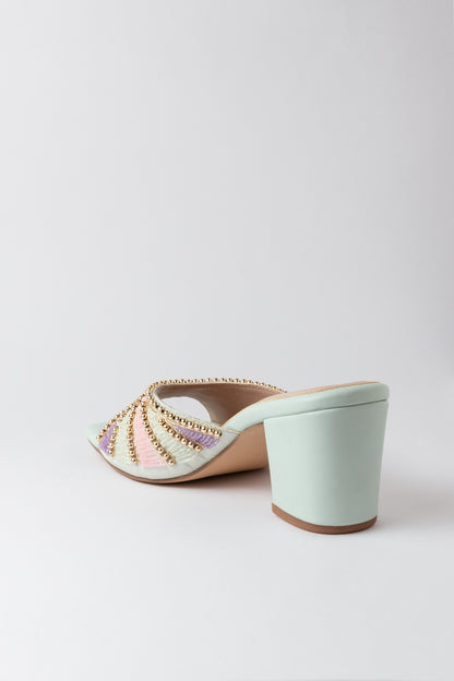 Mint Handmade Embroidered Strap Heels