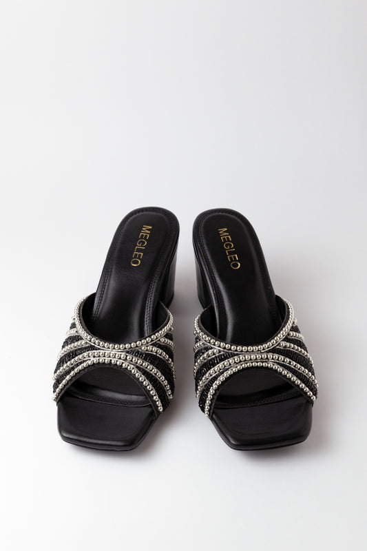 Black Handmade Embroidered Strap Heels