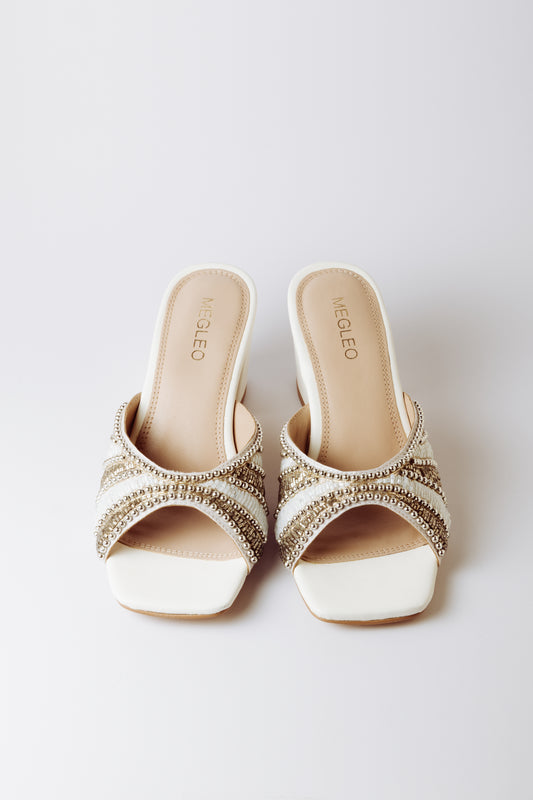 White Handmade Embroidered Strap Heels